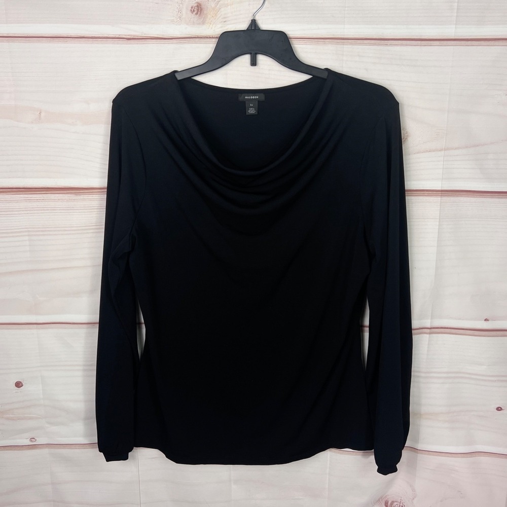Halogen Top Womens 1X Black Cowl Neck Blouse Long Sleeve Knit Pullover Solid